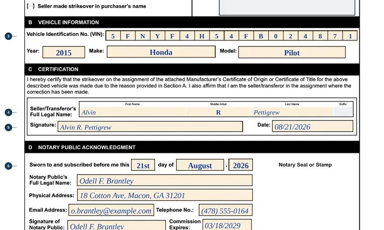 Part of our filled-in example of Georgia T-11, Affidavit of Correction, showing the filled-in entries