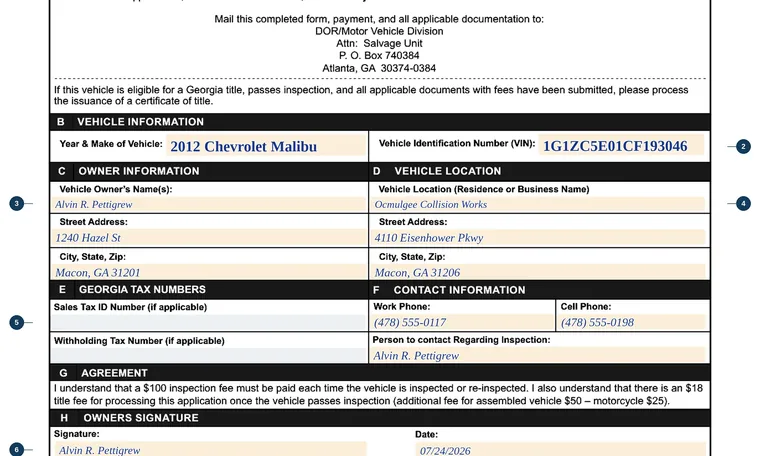 Part of our filled-in example of Georgia T-22R, Request for an Inspection of a Rebuilt Motor Vehicle, showing the filled-in entries