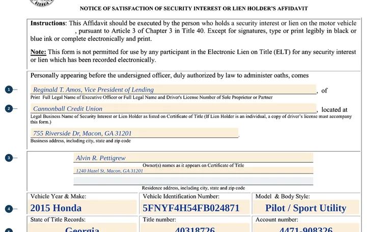Part of our filled-in example of Georgia T-4, Notice of Satisfaction of Security Interest or Lien Holder's Affidavit, showing the filled-in entries