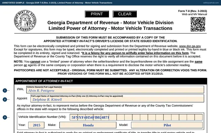 Top of our filled-in example of Georgia T-8, Limited Power of Attorney - Motor Vehicle Transactions