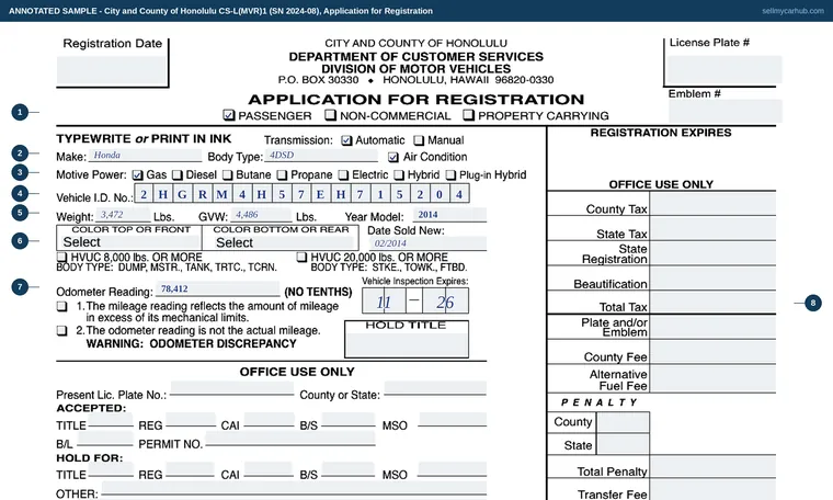 Top of our filled-in example of Hawaii CS-L(MVR)1, Application for Registration