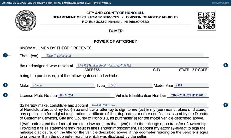 Top of our filled-in example of Hawaii CS-L(MVR)38A, Buyer Power of Attorney