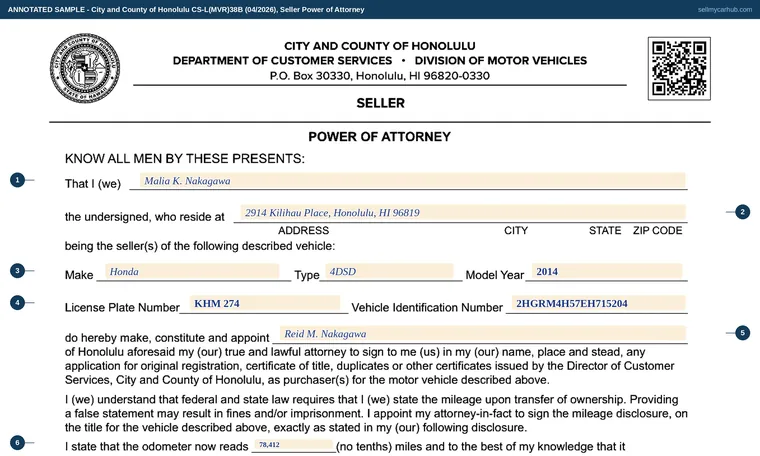 Top of our filled-in example of Hawaii CS-L(MVR)38B, Seller Power of Attorney