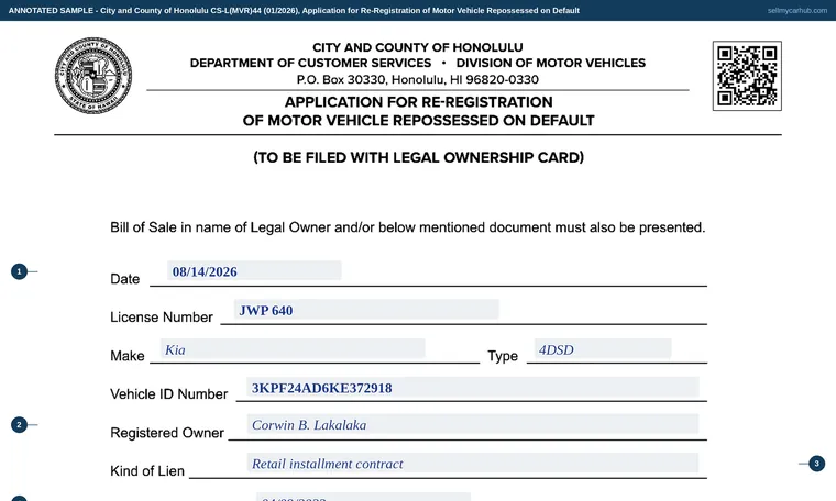 Top of our filled-in example of Hawaii CS-L(MVR)44, Application for Re-Registration of Motor Vehicle Repossessed on Default