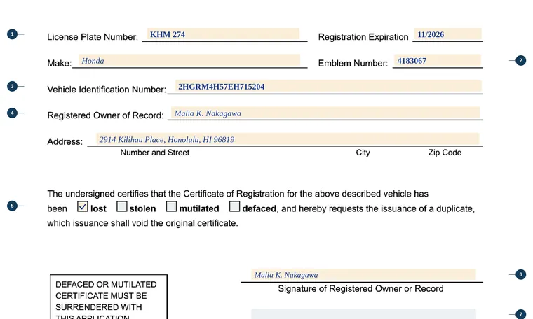 Part of our filled-in example of Hawaii CS-L(MVR)5, Application for Duplicate Motor Vehicle Certificate of Registration, showing the filled-in entries