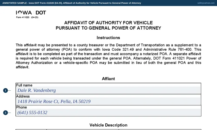 Top of our filled-in example of Iowa 411020, Affidavit of Authority for Vehicle Pursuant to General Power of Attorney