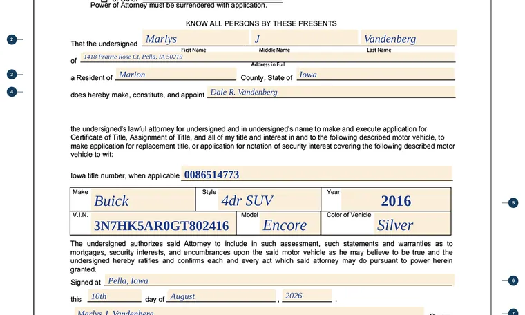 Part of our filled-in example of Iowa 411021, Power of Attorney Authorization, showing the filled-in entries