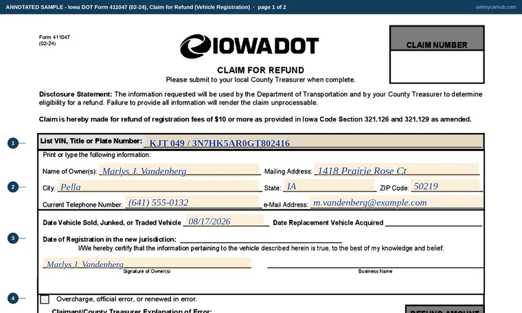 Top of page 1 of our filled-in example of Iowa 411047, Claim for Refund (Vehicle Registration)