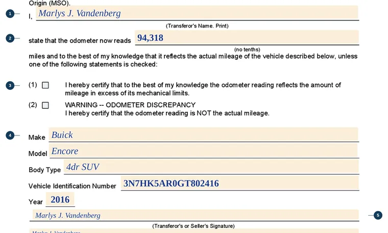Part of our filled-in example of Iowa 411077, Odometer Disclosure Statement, showing the filled-in entries