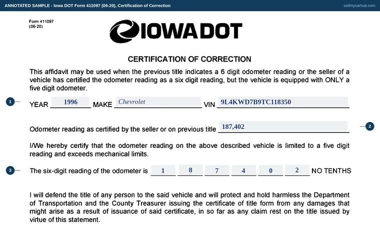 Top of our filled-in example of Iowa 411097, Certification of Correction