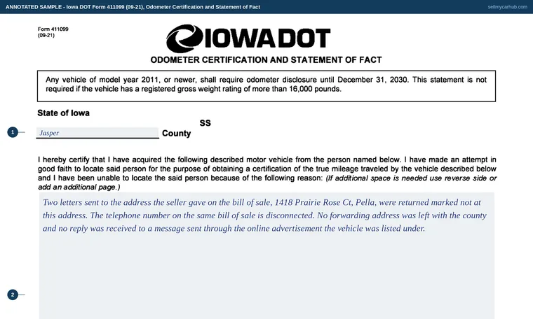 Top of our filled-in example of Iowa 411099, Odometer Certification and Statement of Fact