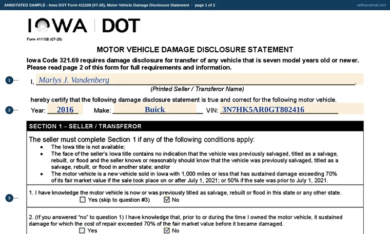 Top of page 1 of our filled-in example of Iowa 411108, Motor Vehicle Damage Disclosure Statement