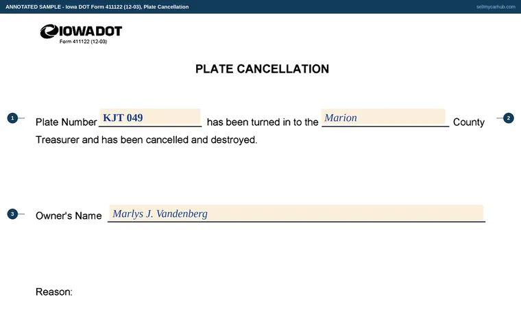 Top of our filled-in example of Iowa 411122, Plate Cancellation