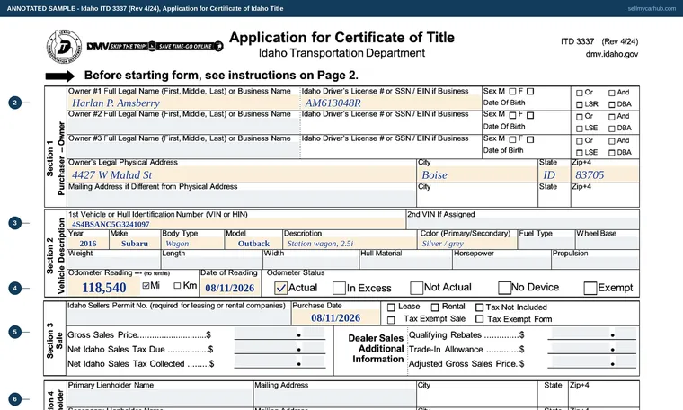 Top of our filled-in example of Idaho 3337, Application for Certificate of Idaho Title