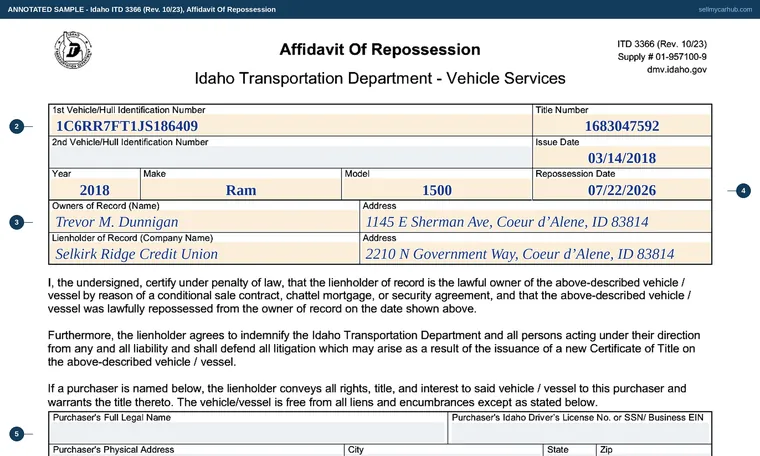Top of our filled-in example of Idaho 3366, Affidavit Of Repossession