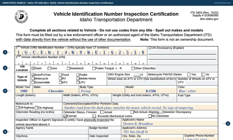 Top of our filled-in example of Idaho 3403, Vehicle Identification Number Inspection Certification