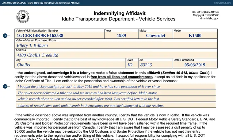 Top of our filled-in example of Idaho 3410, Indemnifying Affidavit