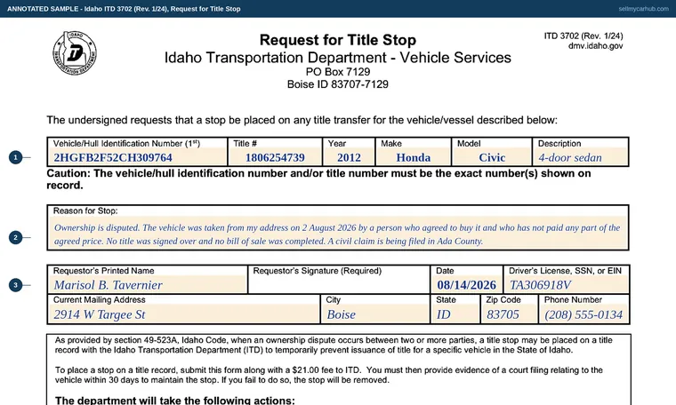Top of our filled-in example of Idaho 3702, Request for Title Stop