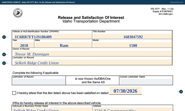 Top of our filled-in example of Idaho 3777, Release and Satisfaction Of Interest