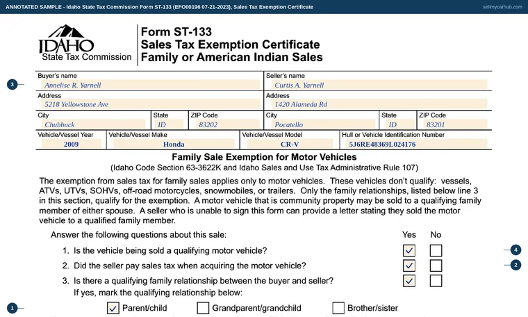 Top of our filled-in example of Idaho ST-133, Sales Tax Exemption Certificate, Family or American Indian Sales