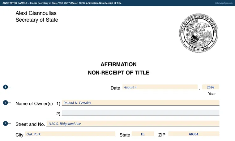 Top of our filled-in example of Illinois VSD 252, Affirmation Non-Receipt of Title