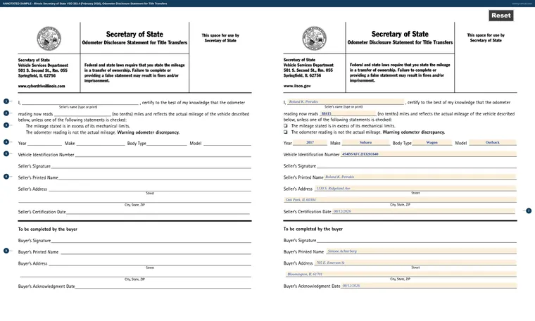 Top of our filled-in example of Illinois VSD 333, Odometer Disclosure Statement for Title Transfers
