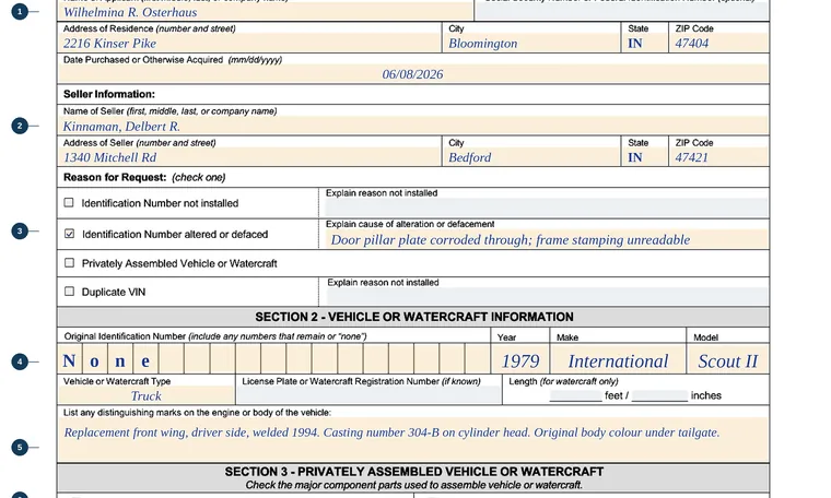 Part of our filled-in example of Indiana State Form 12907, Application for Special Identification Number - Vehicle or Watercraft, showing the filled-in entries