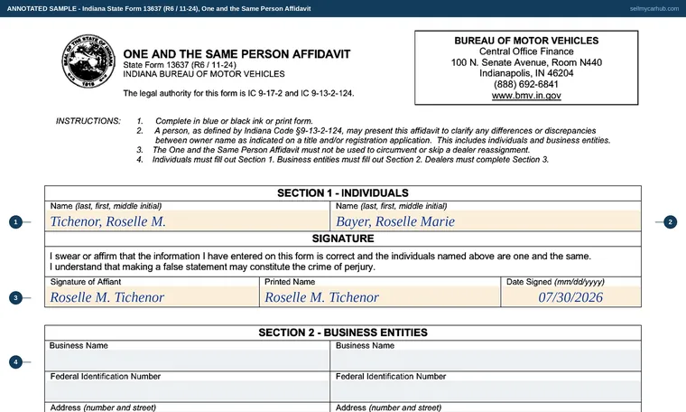 Top of our filled-in example of Indiana State Form 13637, One and the Same Person Affidavit