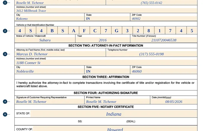 Part of our filled-in example of Indiana State Form 1940, Limited Power of Attorney - Vehicle and Watercraft Transactions, showing the filled-in entries