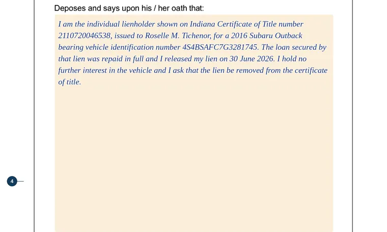 Part of our filled-in example of Indiana State Form 37964, Affidavit, showing the filled-in entries