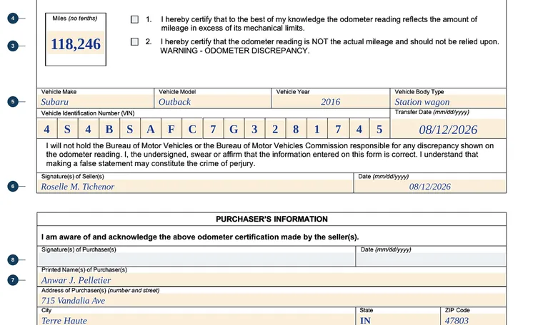 Part of our filled-in example of Indiana State Form 43230, Odometer Disclosure Statement, showing the filled-in entries