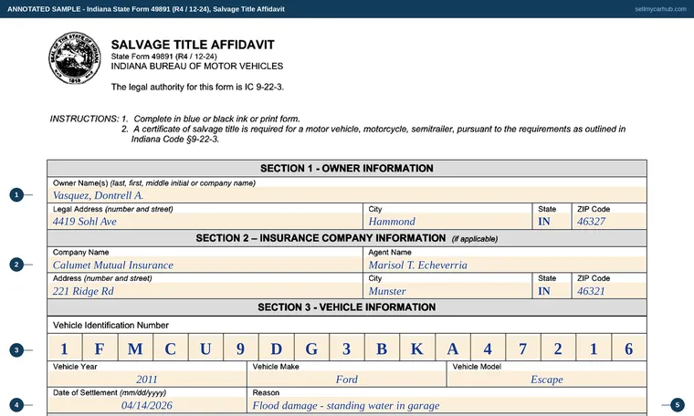 Top of our filled-in example of Indiana State Form 49891, Salvage Title Affidavit