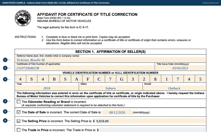 Top of our filled-in example of Indiana State Form 55582, Affidavit for Certificate of Title Correction
