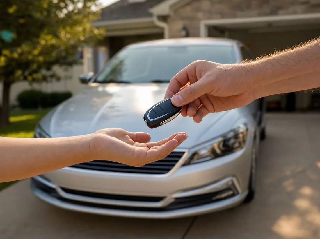 Handing over the car keys in the driveway after selling a car for cash