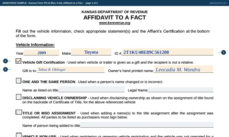 Top of page 1 of our filled-in example of Kansas TR-12, Affidavit to a Fact / Bill of Sale
