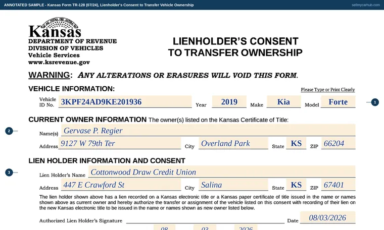 Top of our filled-in example of Kansas TR-128, Lienholder's Consent to Transfer Vehicle Ownership