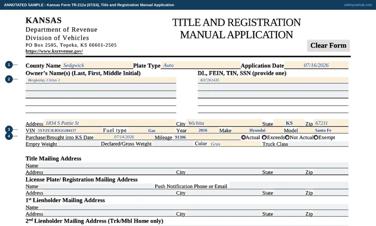 Top of our filled-in example of Kansas TR-212a, Title and Registration Manual Application
