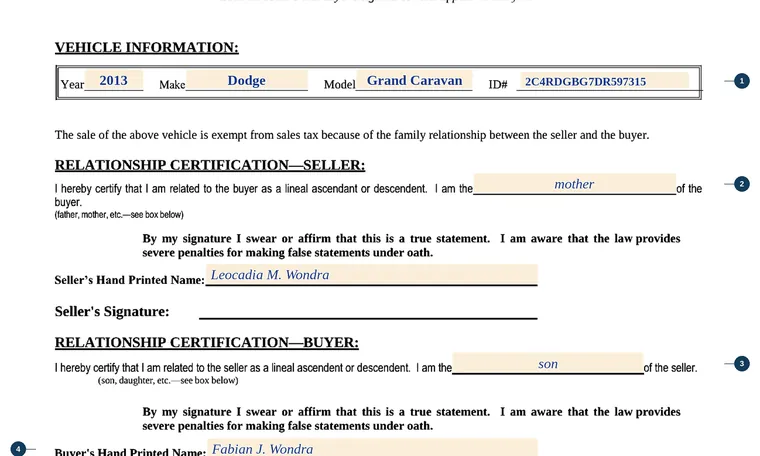 Part of our filled-in example of Kansas TR-215, Affidavit of Relationship, showing the filled-in entries