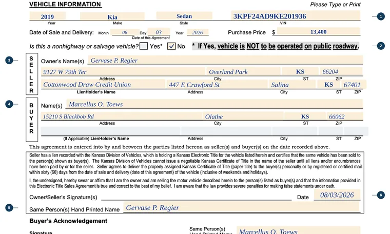 Part of our filled-in example of Kansas TR-39a, Electronic Title Sales Agreement, showing the filled-in entries