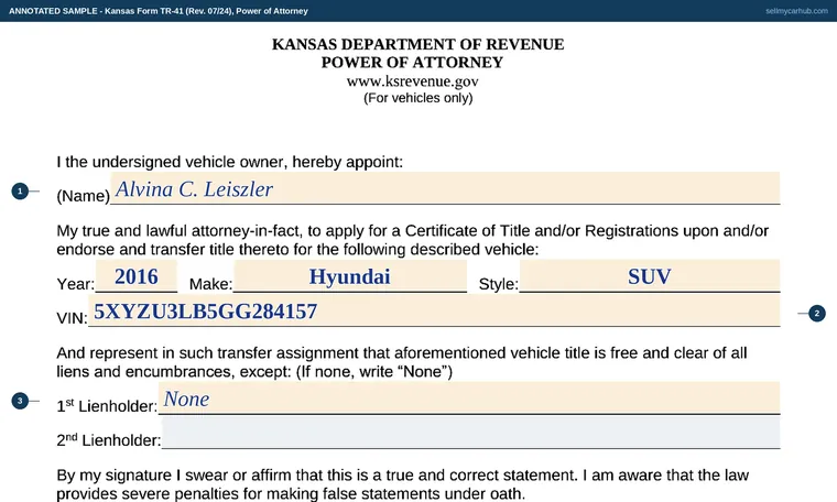 Top of our filled-in example of Kansas TR-41, Power of Attorney