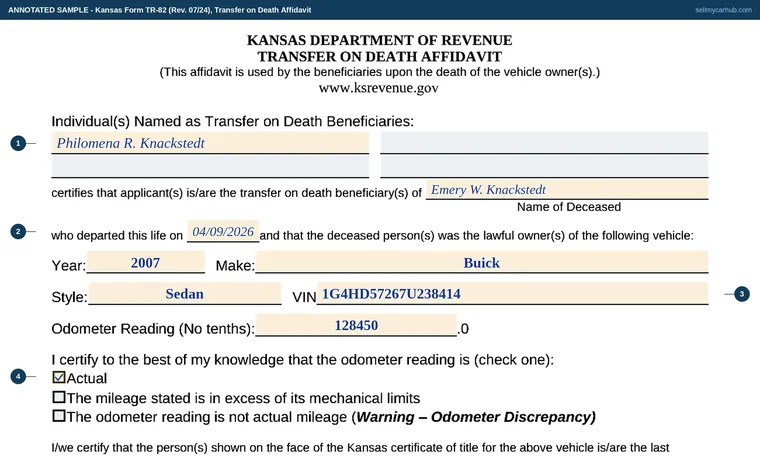 Top of our filled-in example of Kansas TR-82, Transfer on Death Affidavit