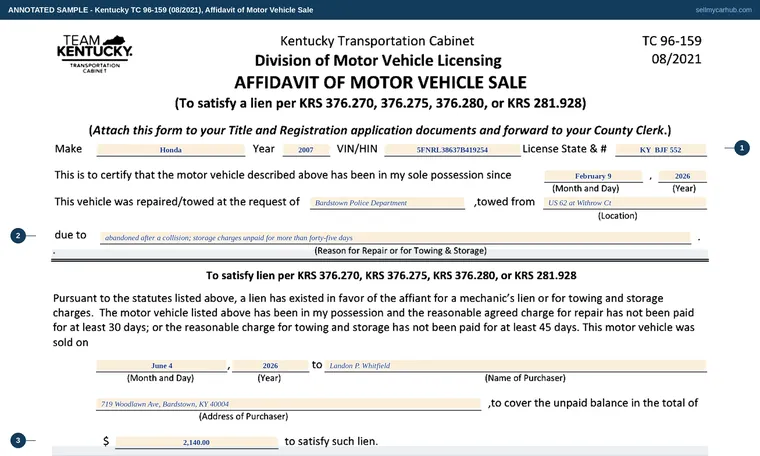 Top of our filled-in example of Kentucky TC 96-159, Affidavit of Motor Vehicle Sale