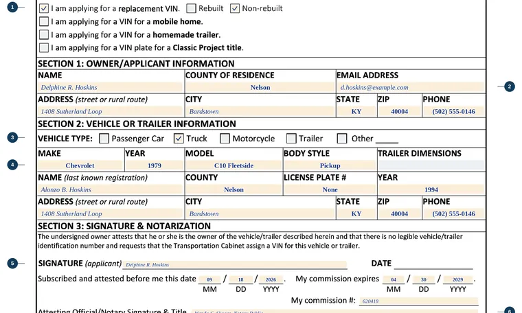 Part of our filled-in example of Kentucky TC 96-169, Application for Vehicle or Trailer Identification Number, showing the filled-in entries