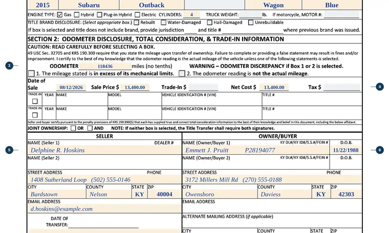 Part of our filled-in example of Kentucky TC 96-182, Application for Kentucky Certificate of Title or Registration, showing the filled-in entries