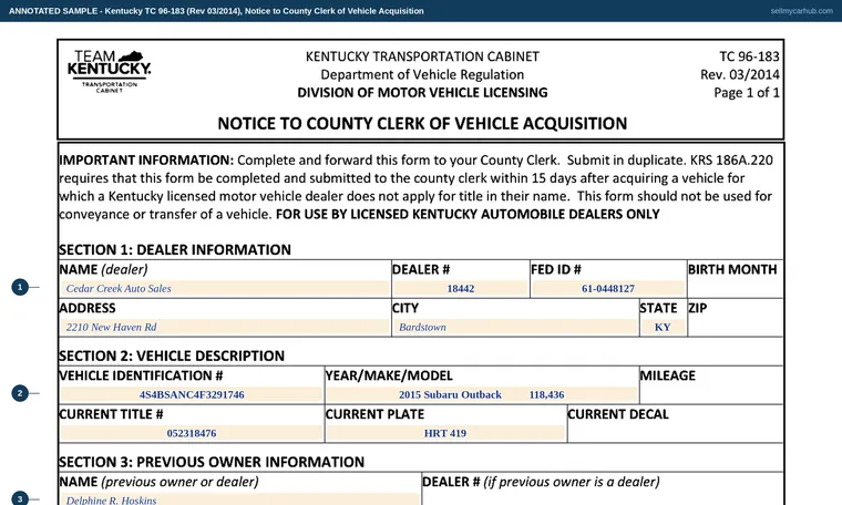 Top of our filled-in example of Kentucky TC 96-183, Notice to County Clerk of Vehicle Acquisition