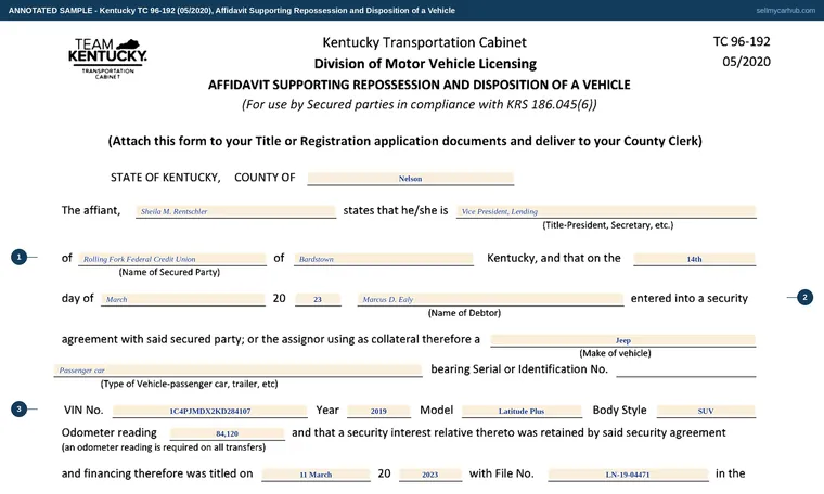 Top of our filled-in example of Kentucky TC 96-192, Affidavit Supporting Repossession and Disposition of a Vehicle