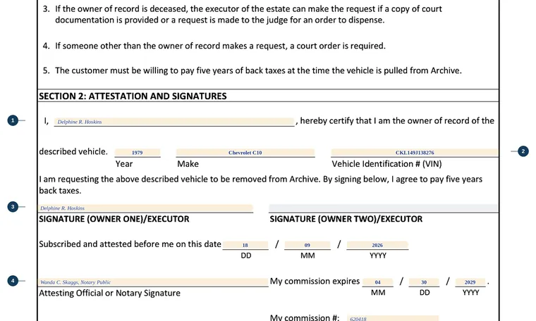Part of our filled-in example of Kentucky TC 96-338, Affidavit to Remove Title from Archive, showing the filled-in entries