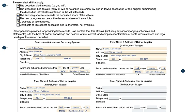 Part of our filled-in example of Louisiana DPSMV 1696, Affidavit of Heirship, showing the filled-in entries