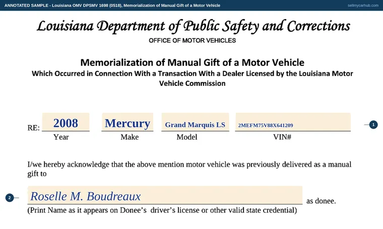 Top of our filled-in example of Louisiana DPSMV 1698, Memorialization of Manual Gift of a Motor Vehicle