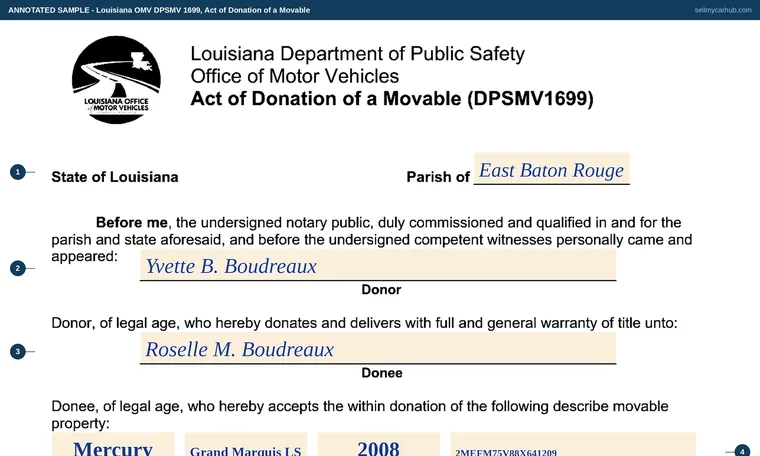 Top of our filled-in example of Louisiana DPSMV 1699, Act of Donation of a Movable